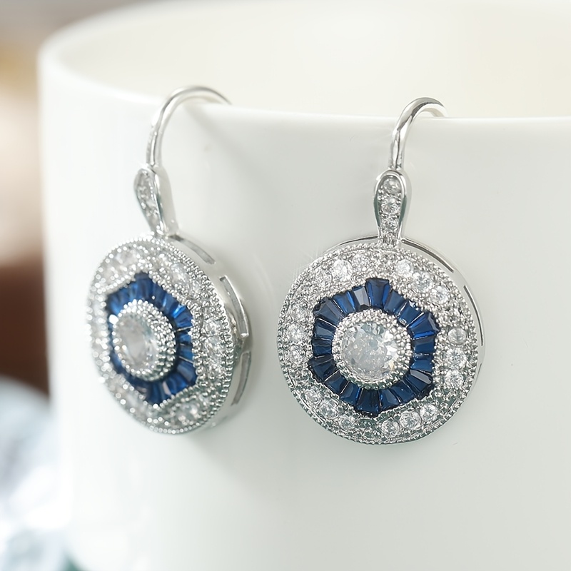 Women's Synthetic White Blue Cubic Zirconia Round Pendant Hook Earrings